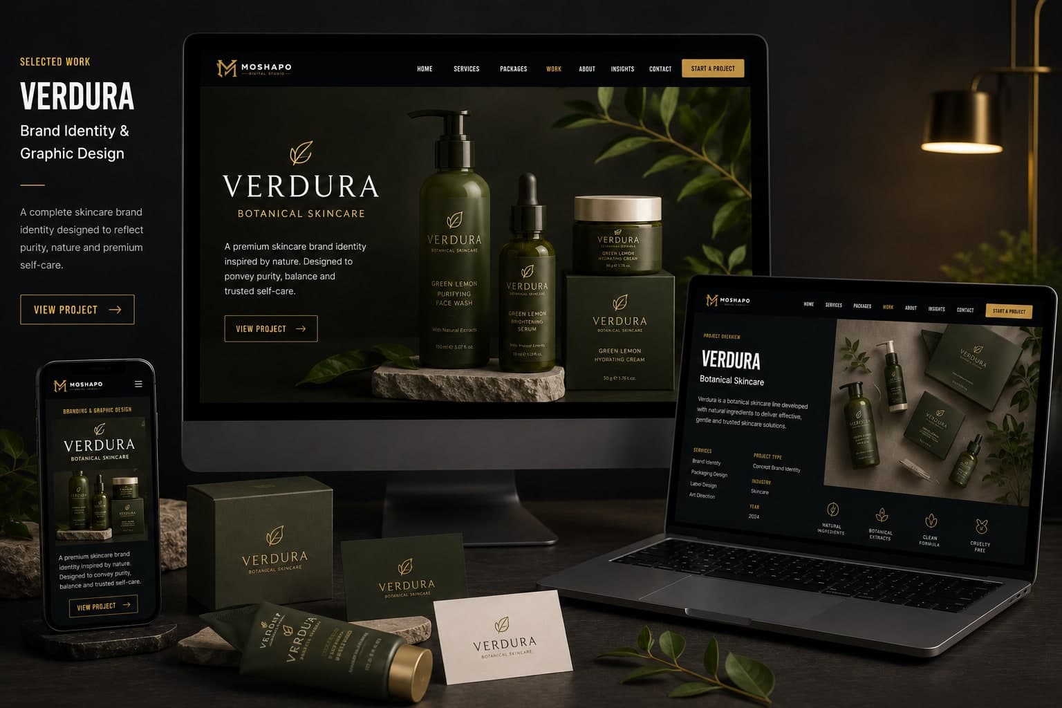 The Verdura botanical skincare identity presented across a desktop monitor, laptop, and phone alongside branded cartons, a product tube, and business cards