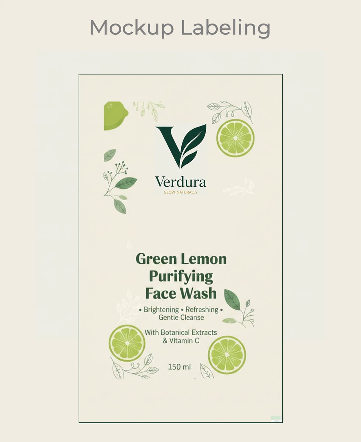 Flat label artwork for Verdura Green Lemon Purifying Face Wash with botanical lemon illustrations