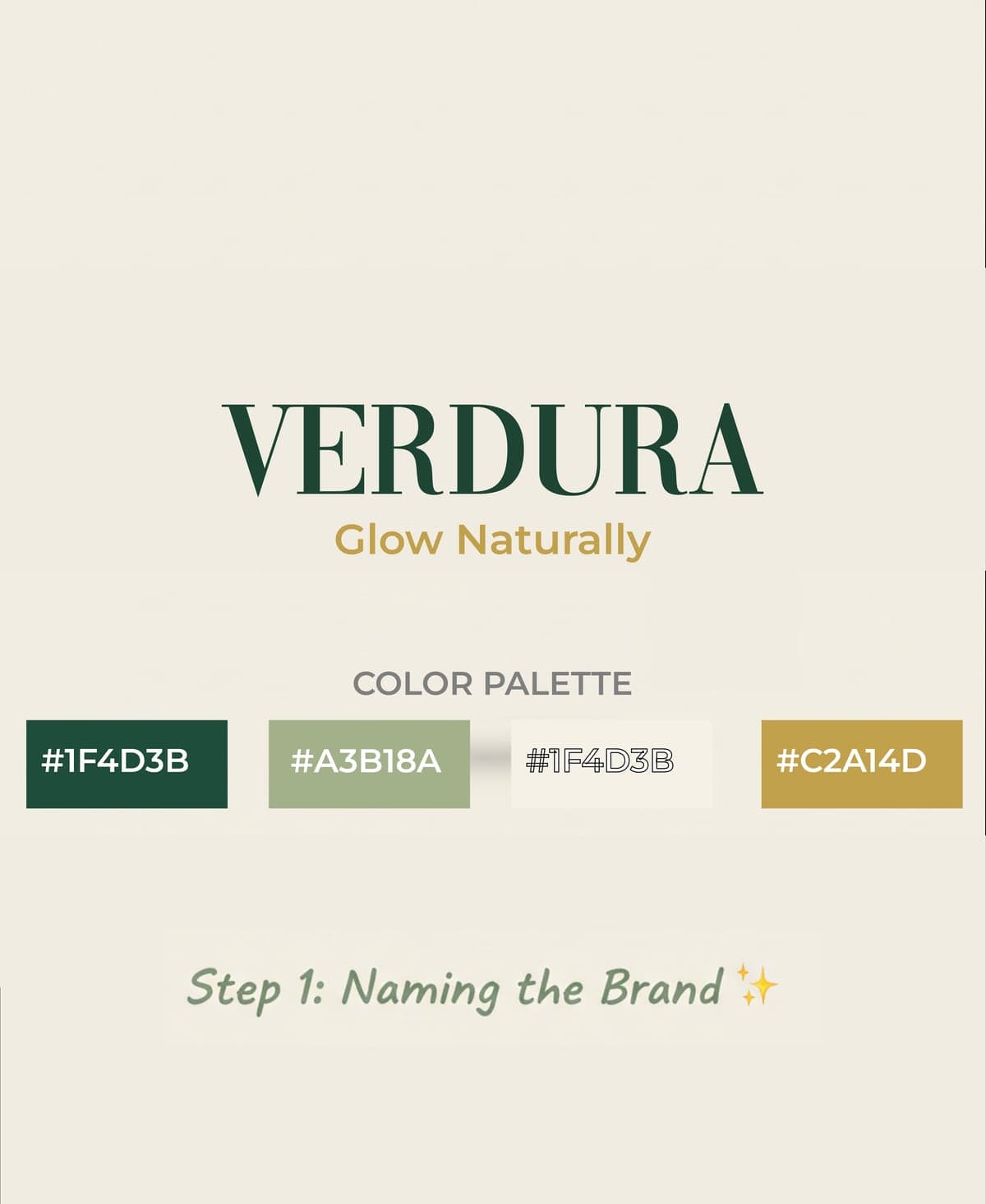 The Verdura wordmark with the brand colour palette: deep green, sage, olive, and warm gold swatches