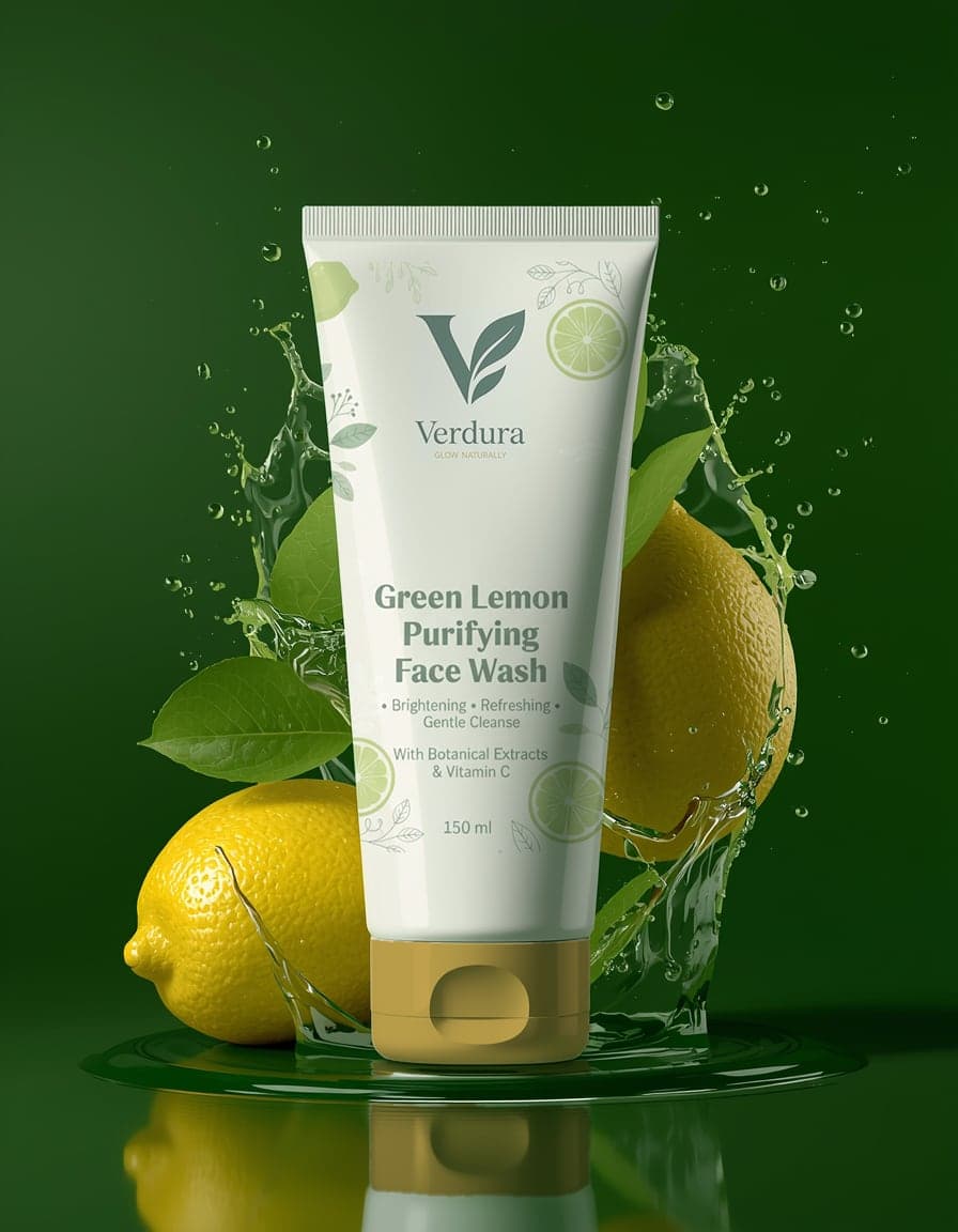 The Verdura Green Lemon Purifying Face Wash tube photographed with fresh lemons and water splashes