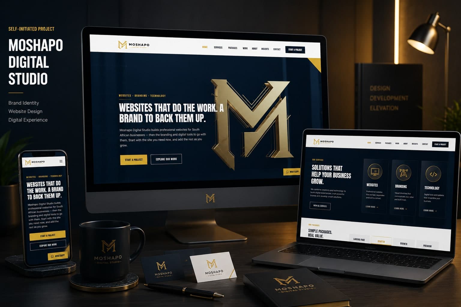 The Moshapo Digital Studio website shown on a desktop monitor, laptop, and mobile phone alongside branded stationery